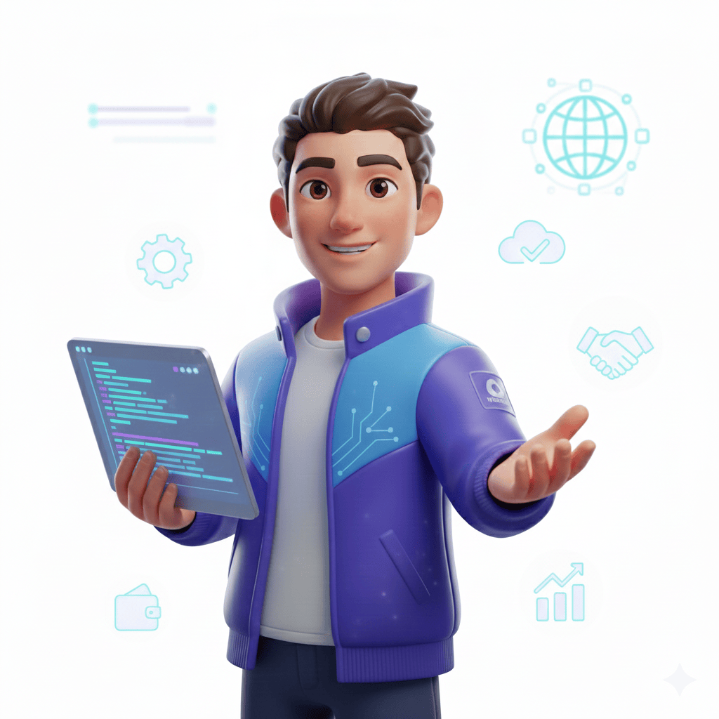 Studio member smiling in a purple plaid shirt and hold a manual with light bg