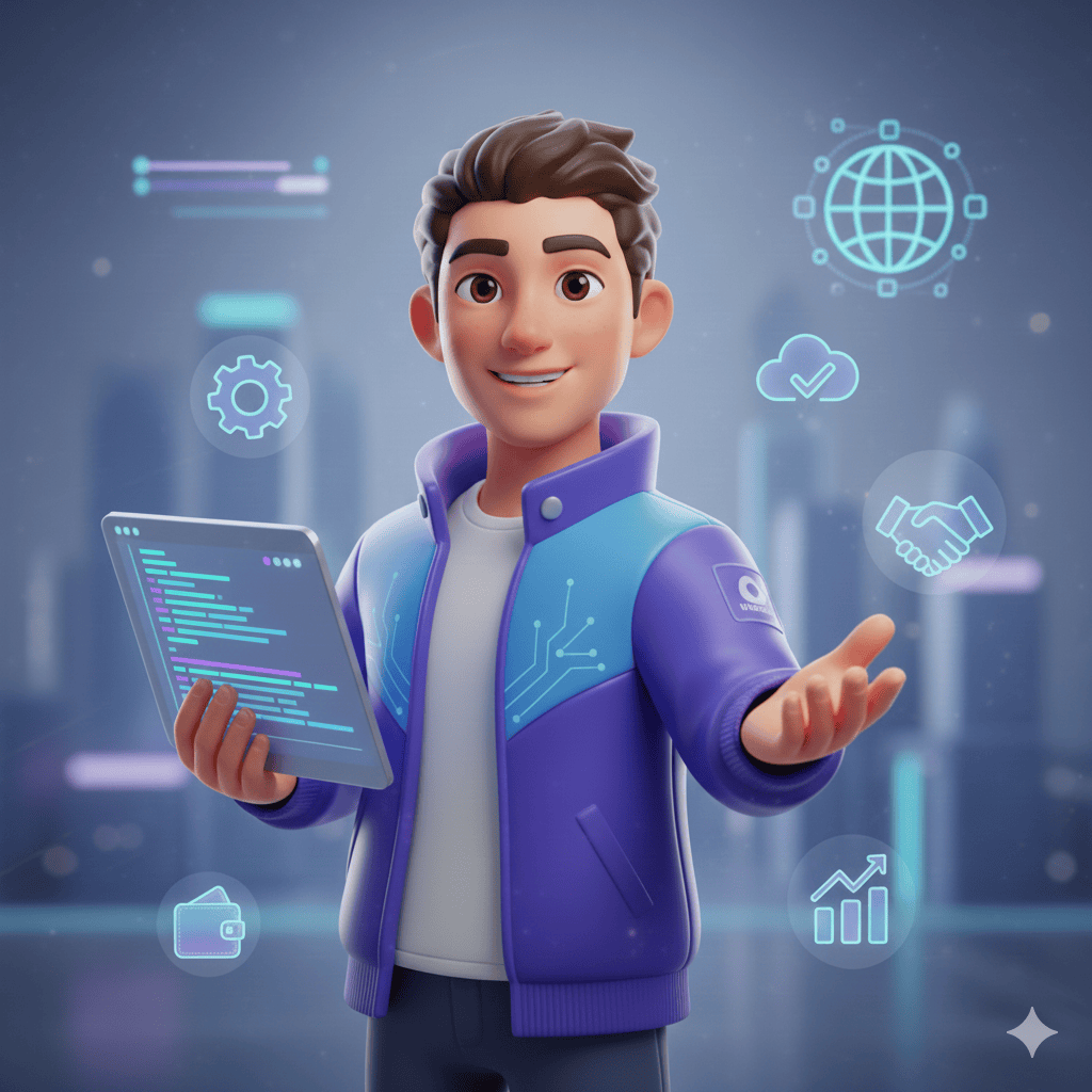 Studio member smiling in a purple plaid shirt and hold a manual with dark bg